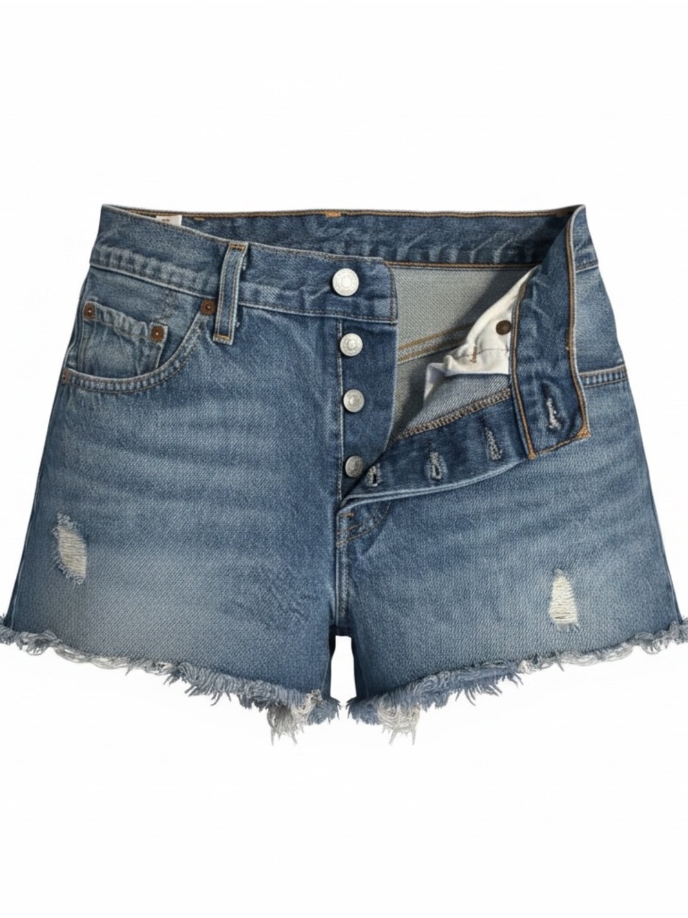 Levi's Distressed High-Rise Button-Fly Denim Shorts - Blue